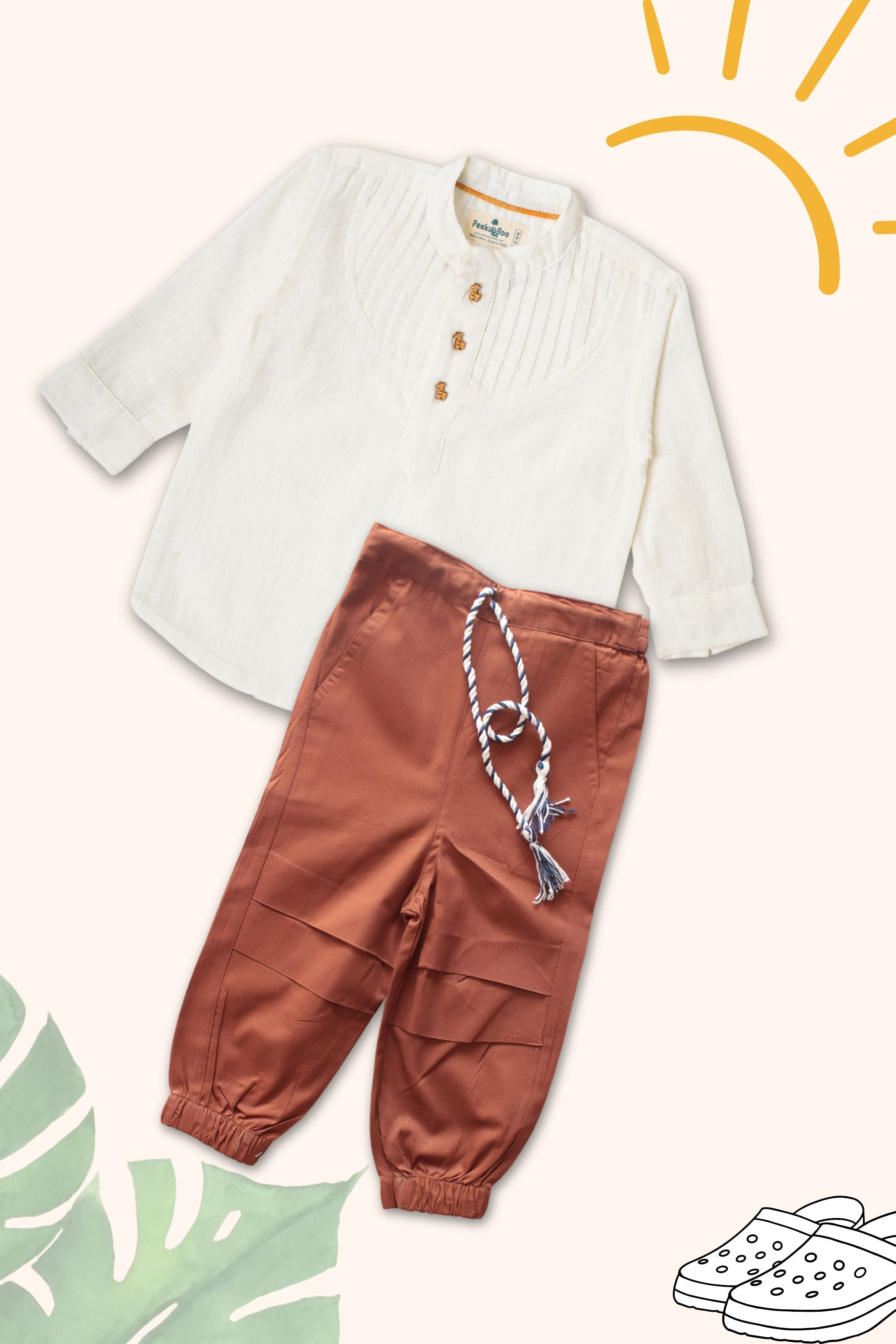 Boys Pure Cotton Clothing Set - White Pintuck Shirt & Cargo Pants With Brown Cargo Pant