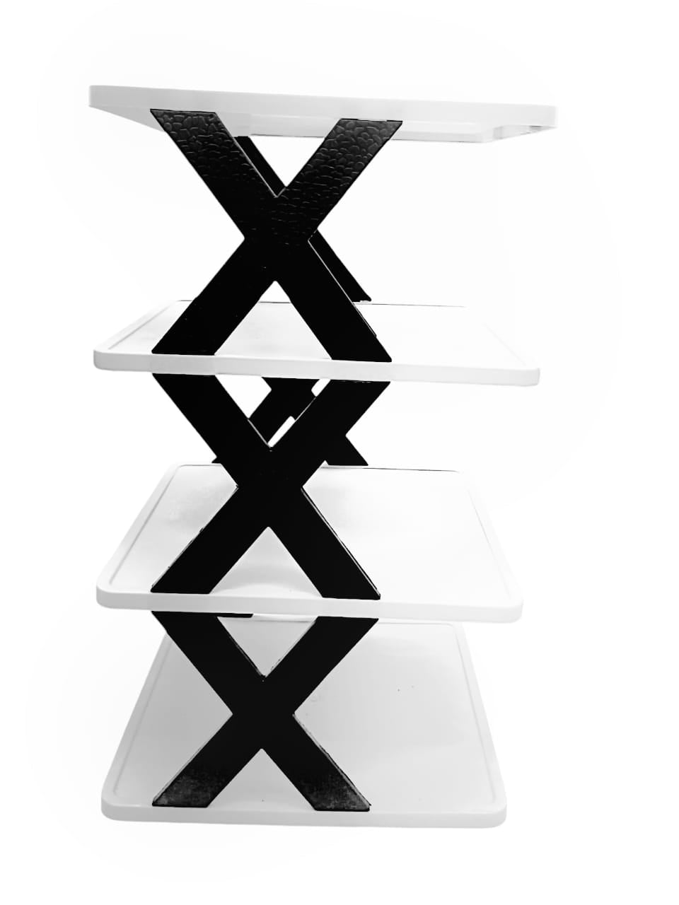 Close-up of the sturdy black X-shaped side support columns and white plastic shelves