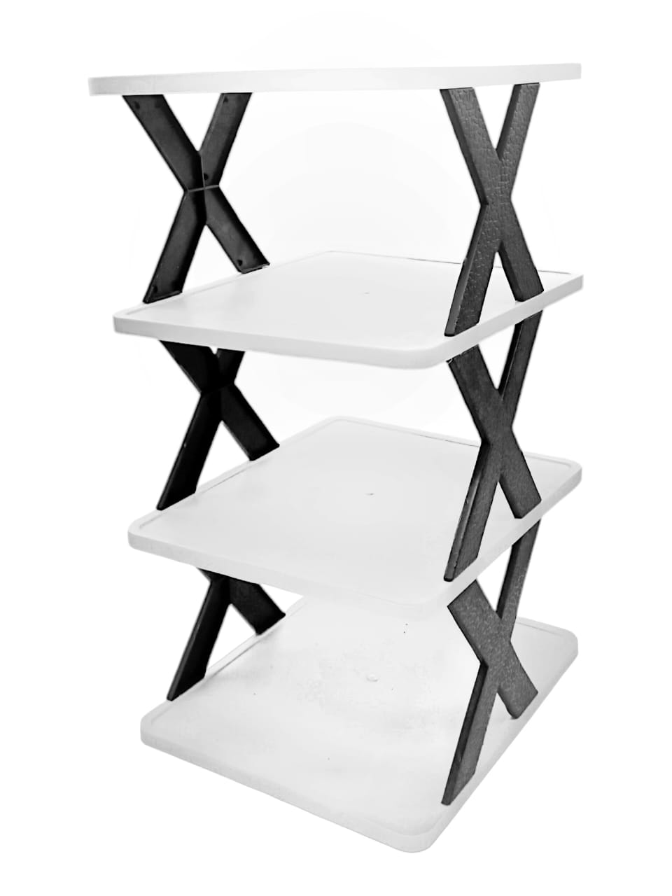 White plastic 4-layer foldable shoe rack, assembled for shoe storage