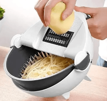 Multifunctional 9-in-1 vegetable cutter with drain basket, perfect for shredding, grating, and slicing