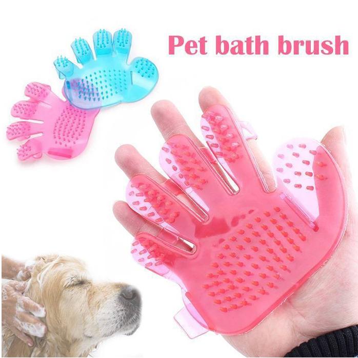 Close-up of flexible blue rubber nubs on a pet washing mitt