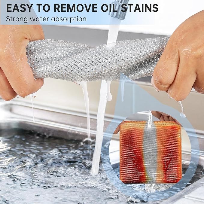 Multipurpose non-scratch wire dishwashing rags, a stack of wire dishcloths with one held, for cleaning dishes, sinks, counters.