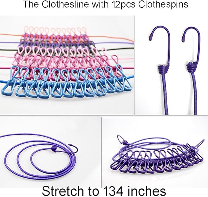 12 Clips & 2 Hooks Portable Outdoor Clothesline Rope Nylon (Multicolor)