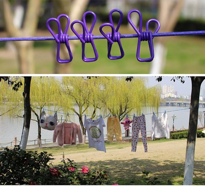 12 Clips & 2 Hooks Portable Outdoor Clothesline Rope Nylon (Multicolor)