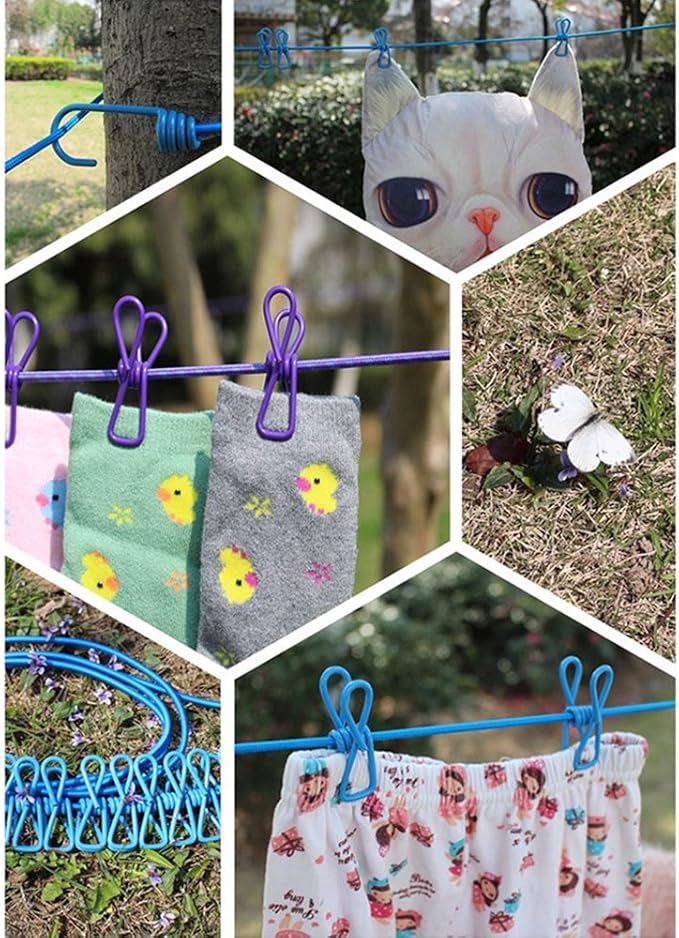 12 Clips & 2 Hooks Portable Outdoor Clothesline Rope Nylon (Multicolor)