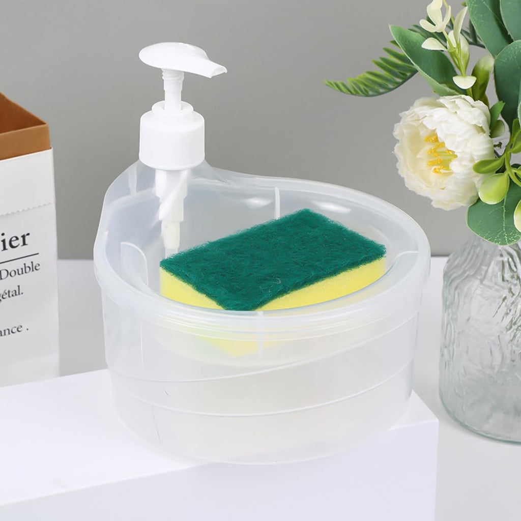 Multicolor double layer soap dispenser with pump, sponge holder, ideal for kitchen or bathroom sinks.