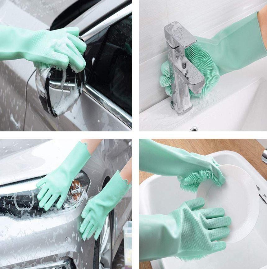 Close-up of the flexible, high-density silicone bristles on the palm and fingers of the cleaning glove