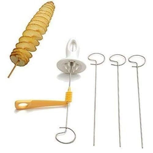 Manual spiral potato twister slicer producing tornado chips.