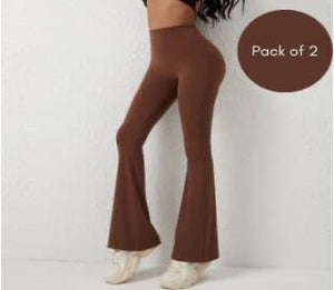 Women's Yoga Pant, Flare Pants, High Waist, Elastic, Casual, Sports (Brown, Pack of 2)