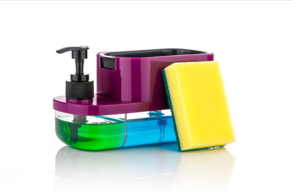Purple 3-in-1 dish soap pump dispenser with sponge holder for kitchen sink countertop