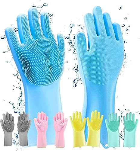 Multicolor silicone hand gloves, a pair, ideal for dish washing, kitchen, bathroom, and car cleaning.