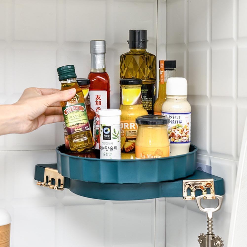Wall mounted rotating bathroom corner shelf with hooks for bath accessories