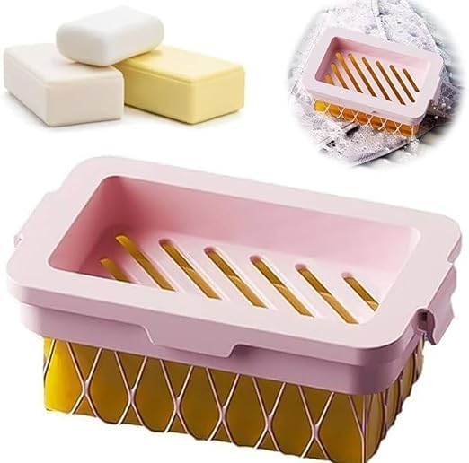 Close-up of the Soap Bubble Box: an elastic mesh laundry soap saver.