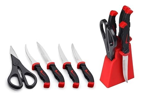 Assorted stainless steel kitchen knife set with 4 knives, peeler, and black stand