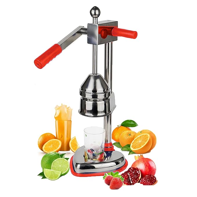 Manual stainless steel hand press orange lemon citrus juicer.