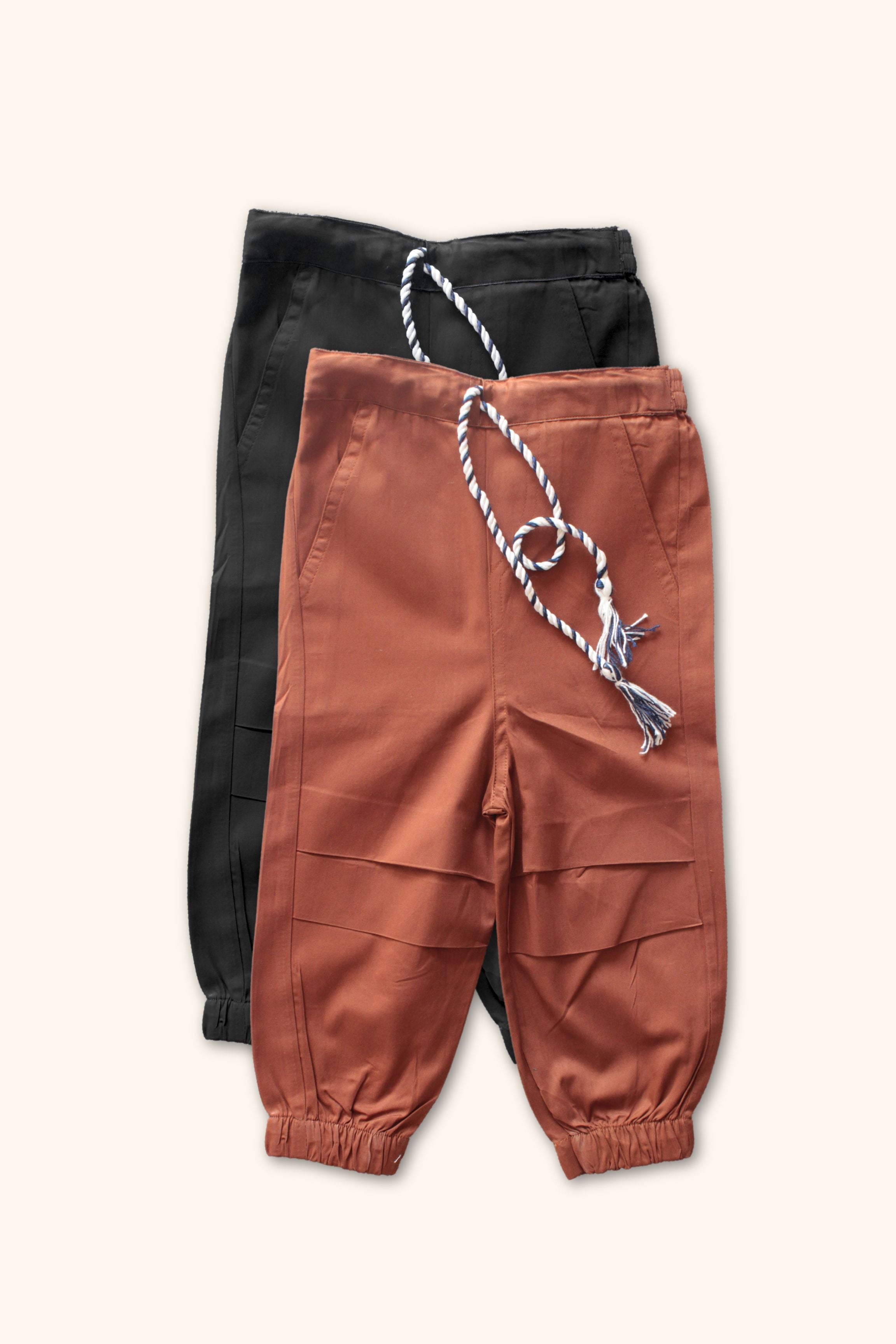 Boys Pure Cotton Cargo Pants Combo Black & Brown