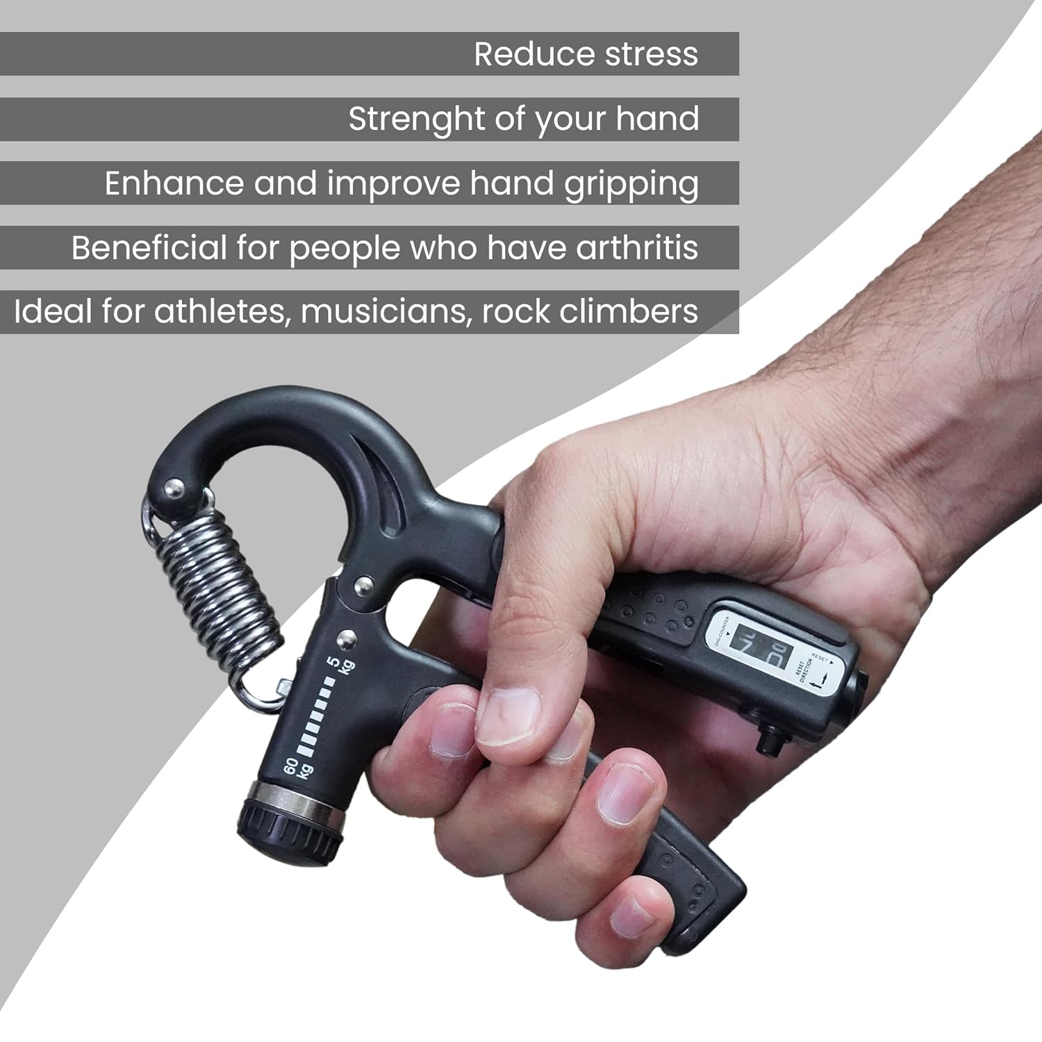 Black adjustable 10-60Kg professional hand gripper with counter for finger and power exercise.