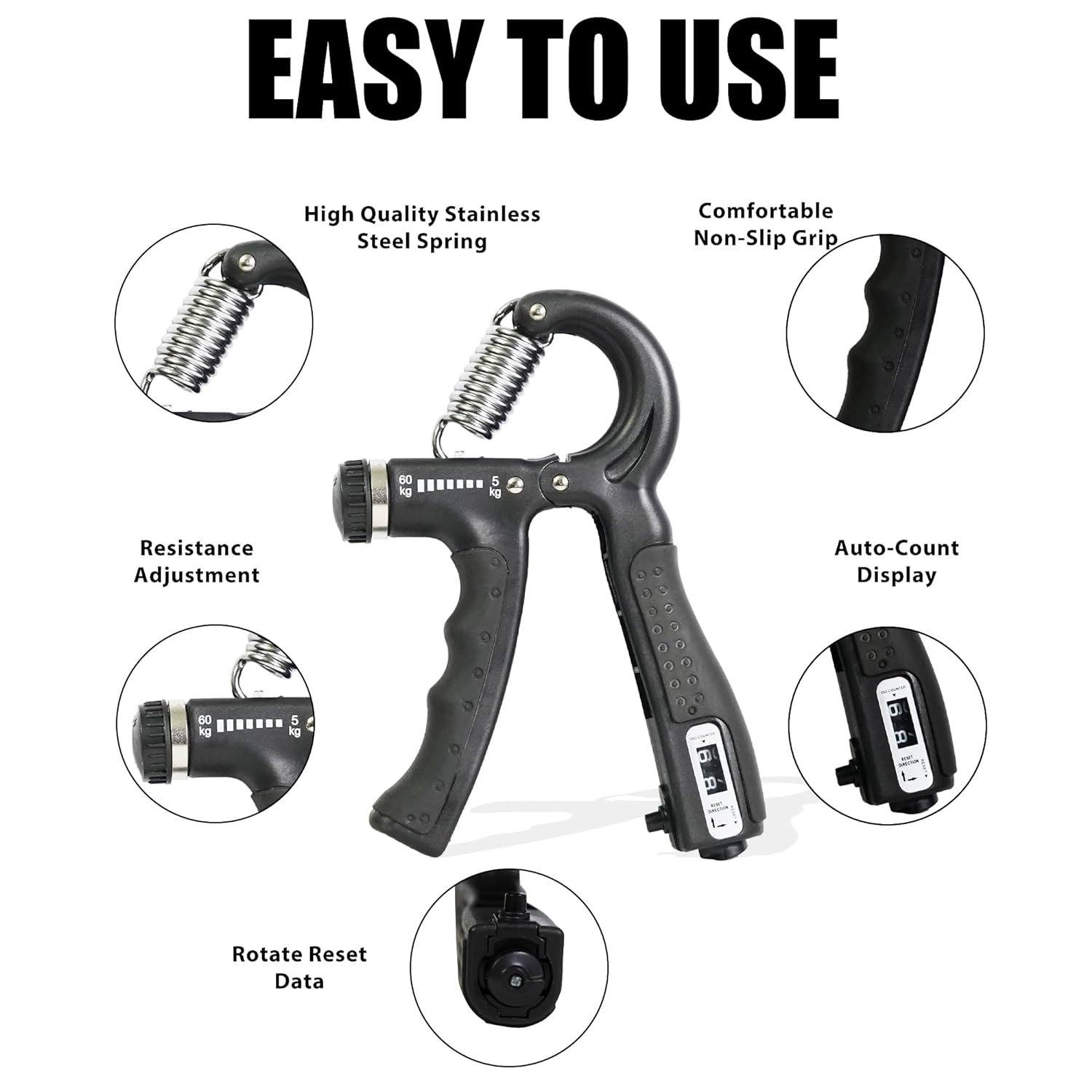 Black professional adjustable 10-60Kg hand gripper with counter for men & women.