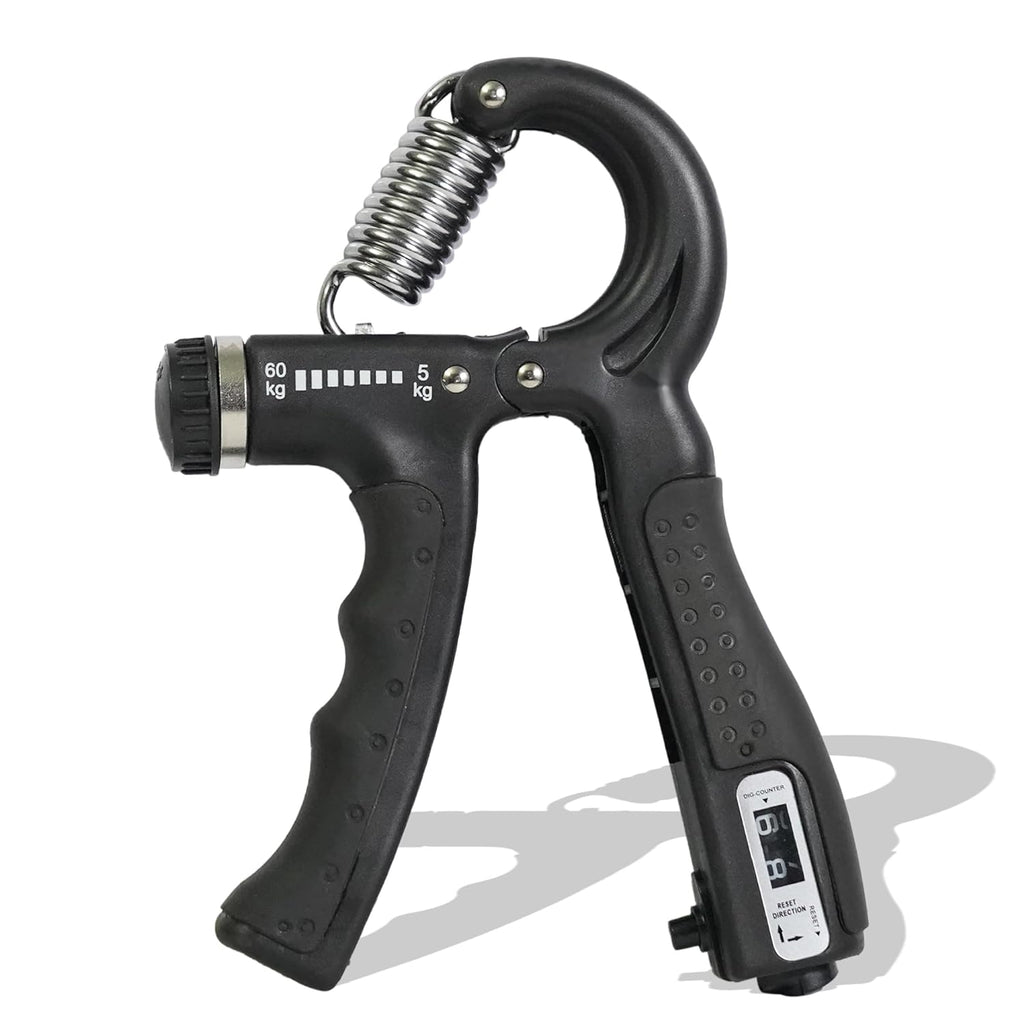 Black premium adjustable hand gripper with digital counter, 10-60kg, for professional finger and power exercise
