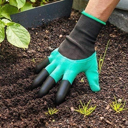 Close-up of green waterproof gardening gloves with black digging claws