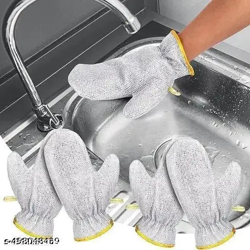 A pair of grey wire dishwashing gloves for kitchen cleaning and wiping pots