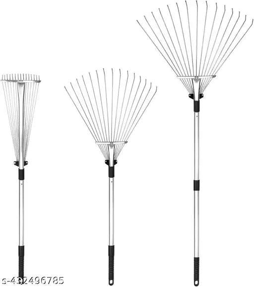 Adjustable garden leaf rake head with expandable tines for efficient yard clearing.