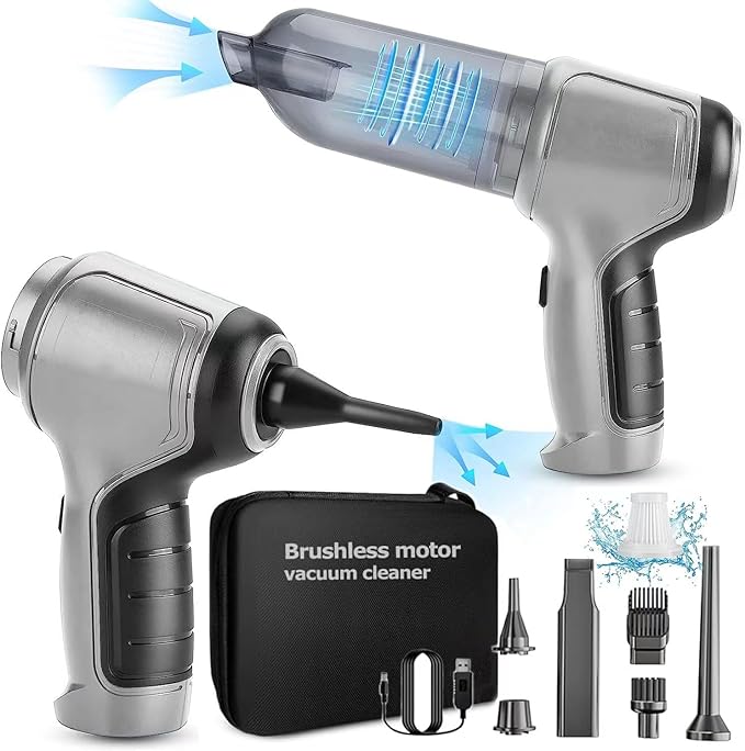 Wireless handheld car vacuum and blower cleaning car interior.