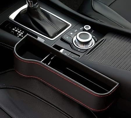 Leather car driver seat gap filler console side pocket with bottle holder.