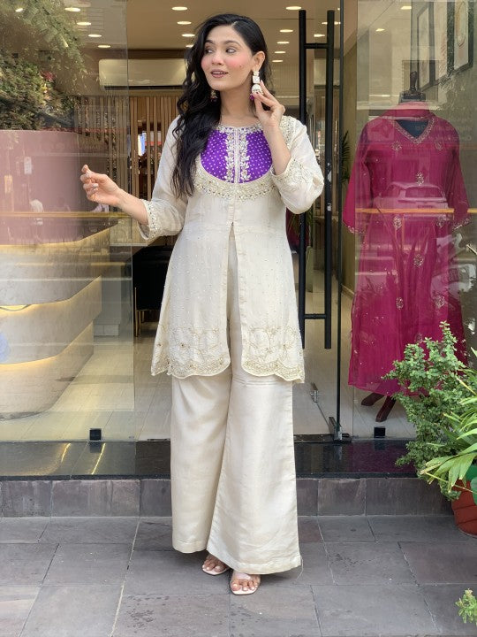 Model posing gracefully in TRENDBUY K501 ethnic wear, highlighting the flowy palazzo pants and embroidered kurta.