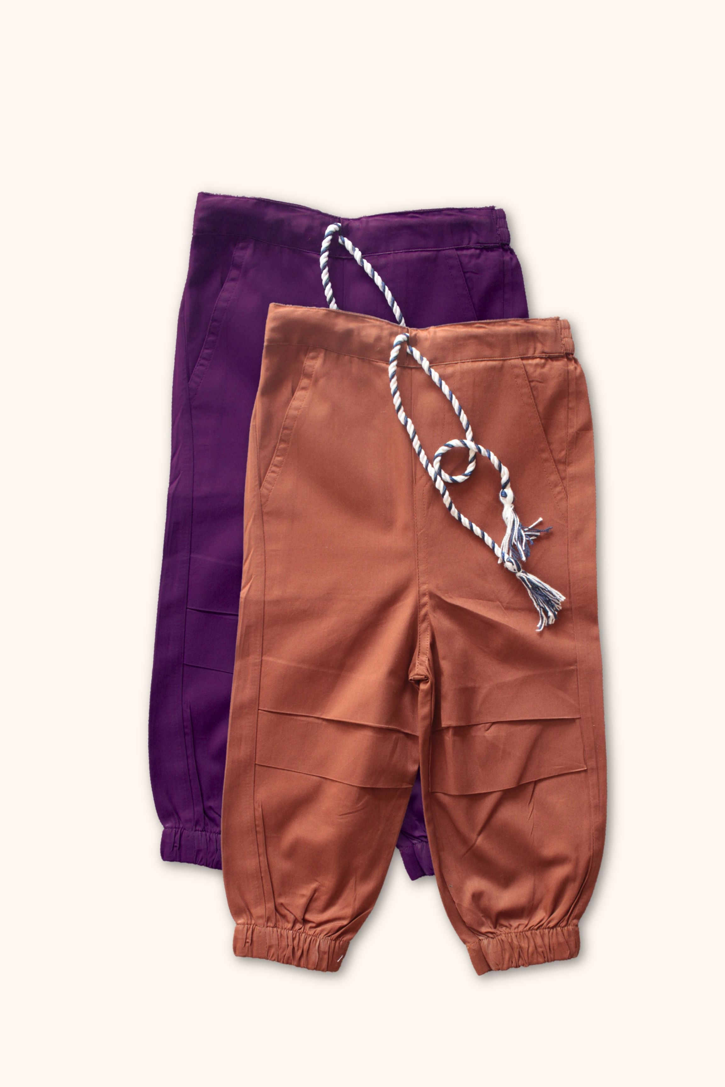 Boys Pure Cotton Cargo Pants Combo Purple & Brown