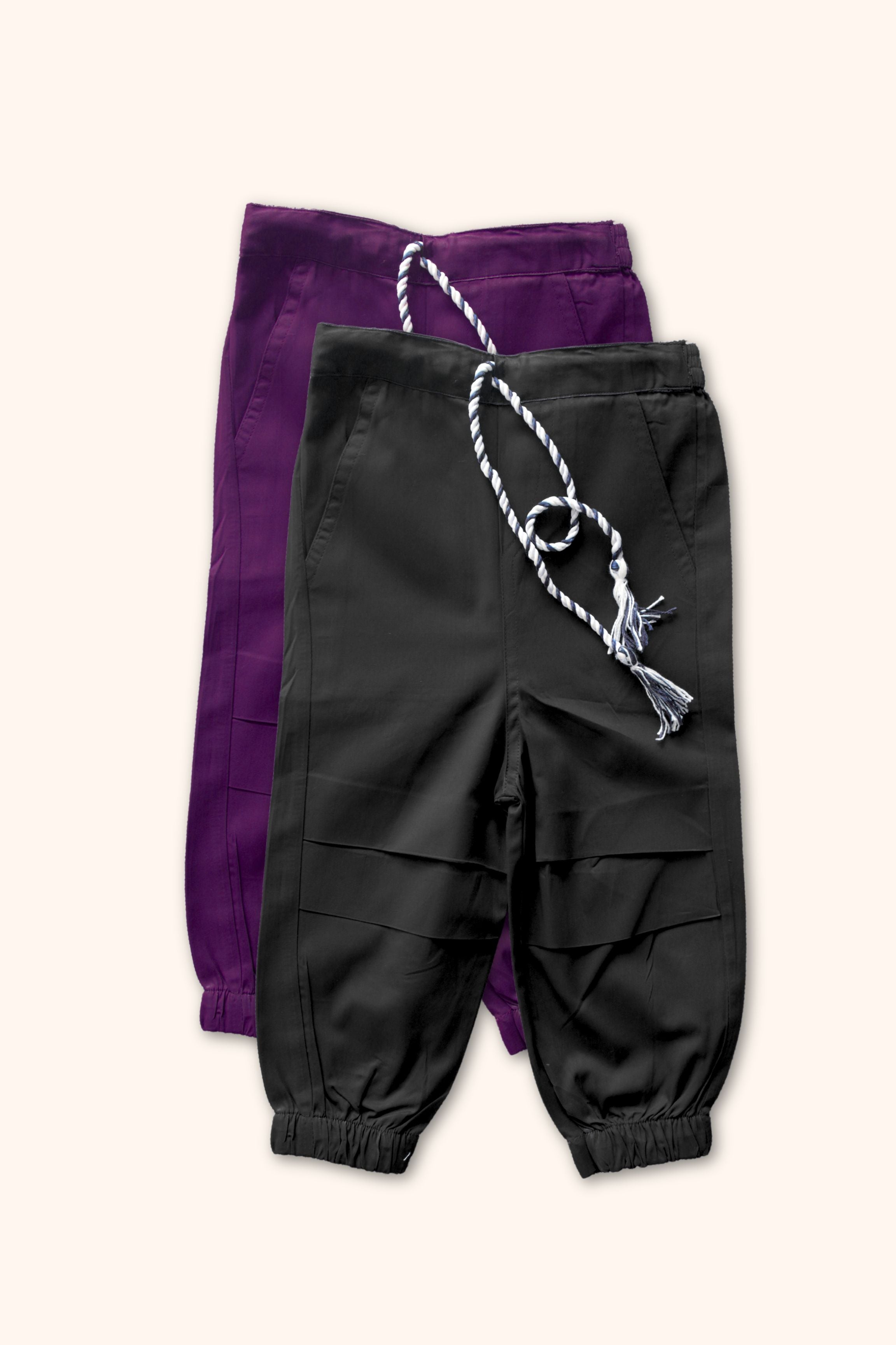 Boys Pure Cotton Cargo Pants Combo Black & Purple