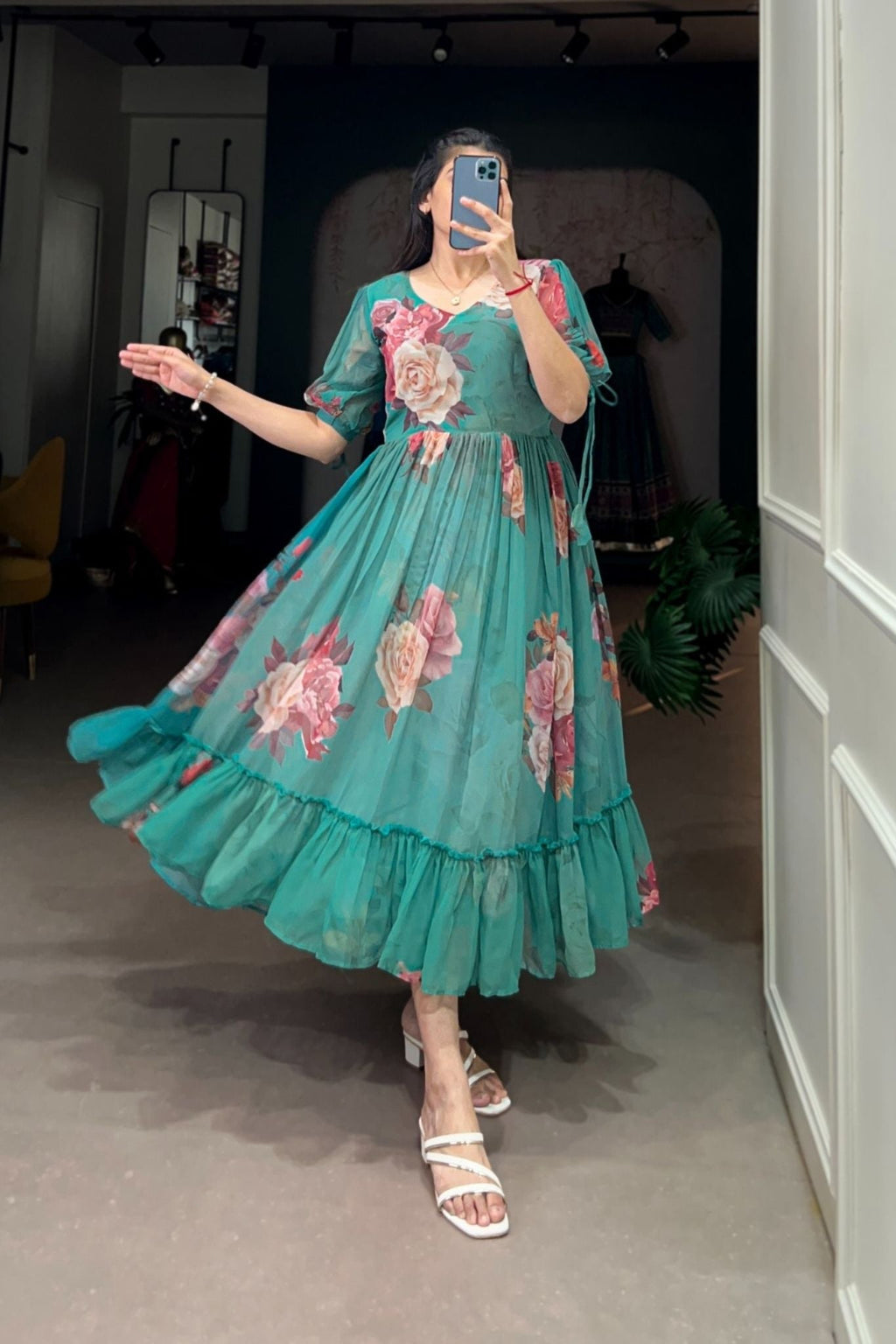 Green Floral Georgette Dress for Women - TREND BUY - WOMEN FASHION