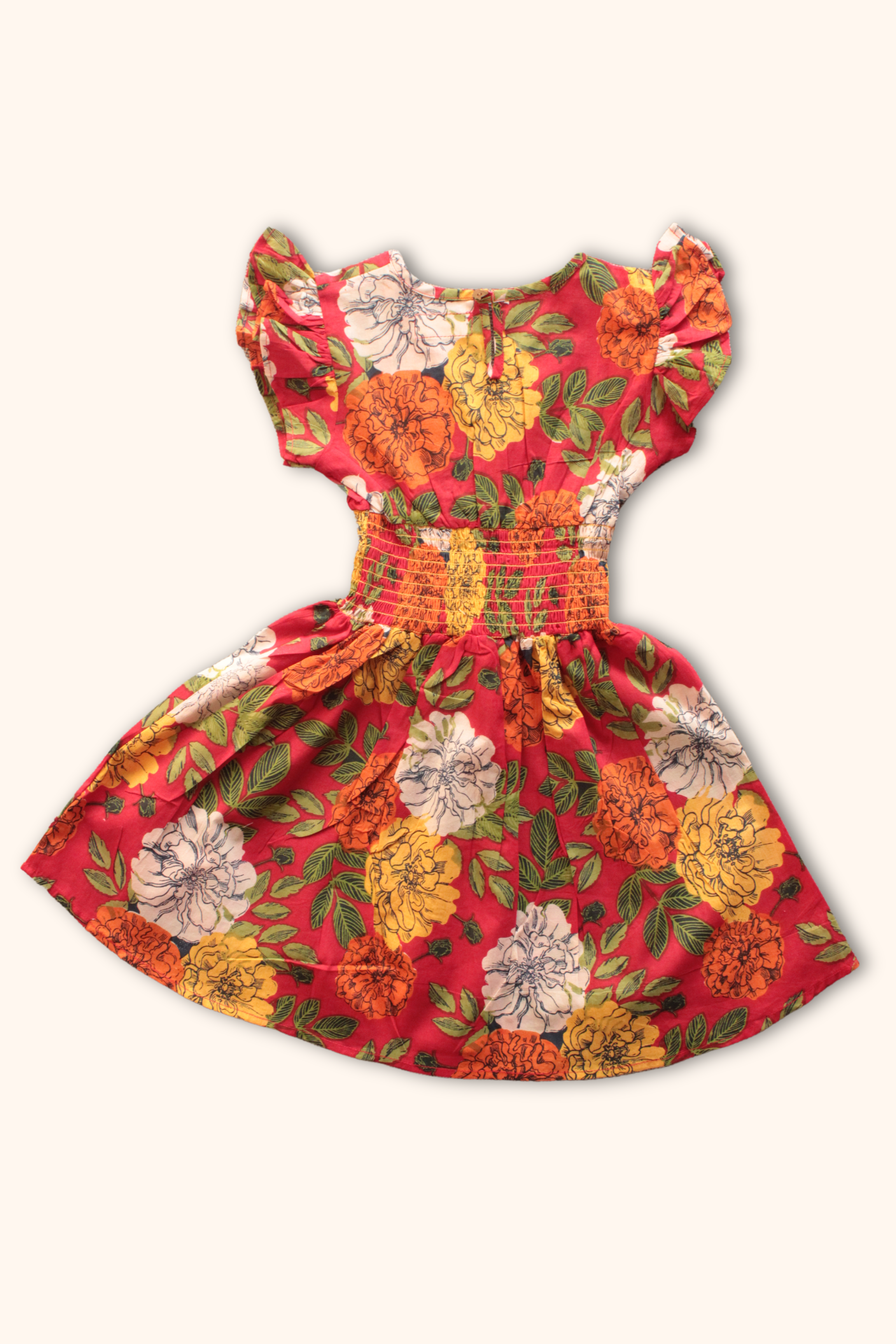 Girls Hourglass Cotton Smocked Waistline Dress - Red