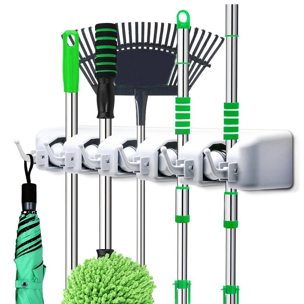 5-layer wall mounted multipurpose organizer for mops, brooms, and cleaning tools
