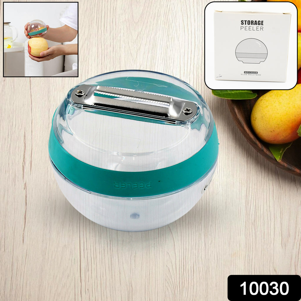 Multifunctional round peeler with container in action, peeling a carrot, showcasing integrated peel storage.