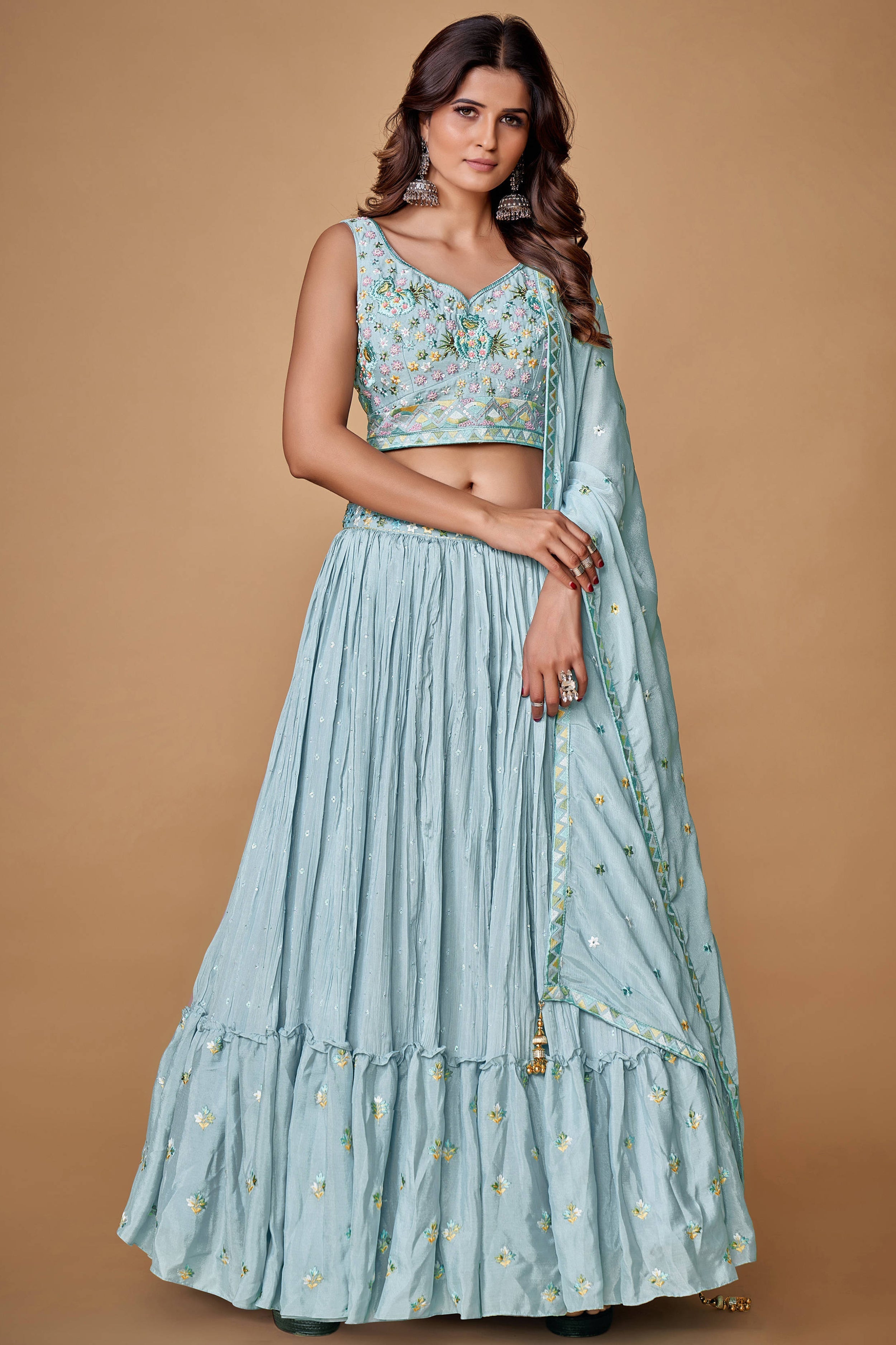 Powder Blue Thread Work Chiffon Silk Engagement Wear Lehenga Choli