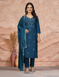 Elegant Embroidered Cotton Blend Kurti with Pant & Silk Dupatta Set | TRENDBUY Festive Collection