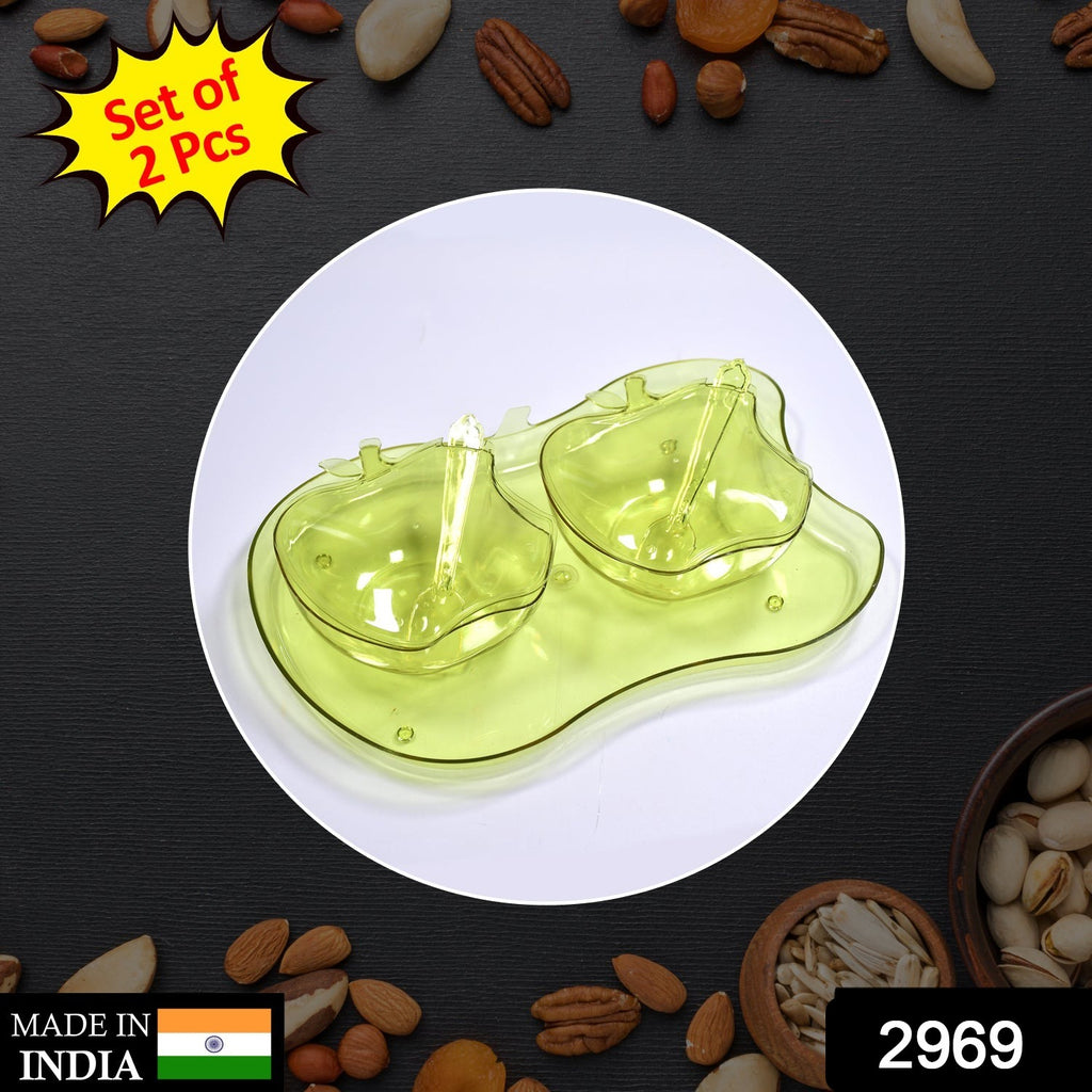 Apple-shaped 2-piece dinnerware serving set with bowl, spoon, and tray for snacks, pickles.