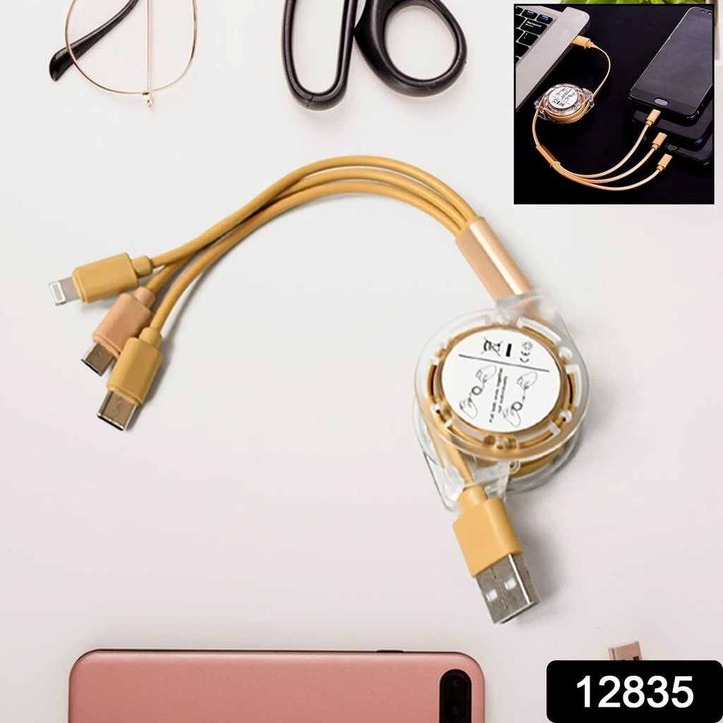 Black retractable 3-in-1 multi-charging cable for Phone, Type C, and Micro USB mobile devices