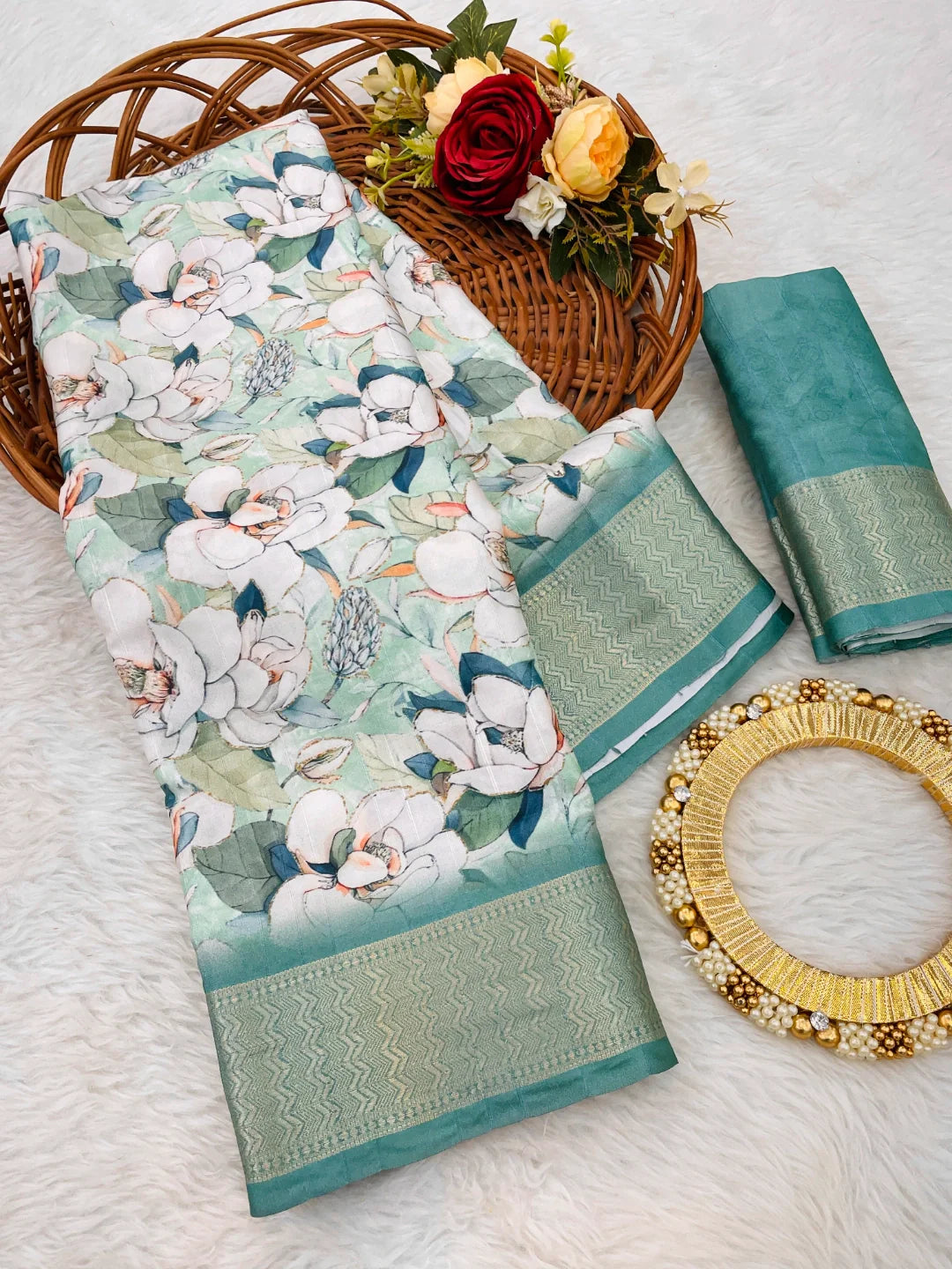 Off White Silk Saree with Blue Border