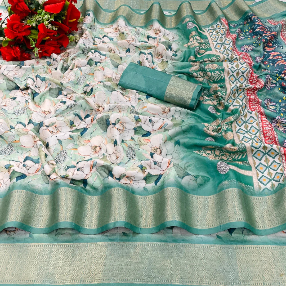 Off White Silk Saree with Blue Border