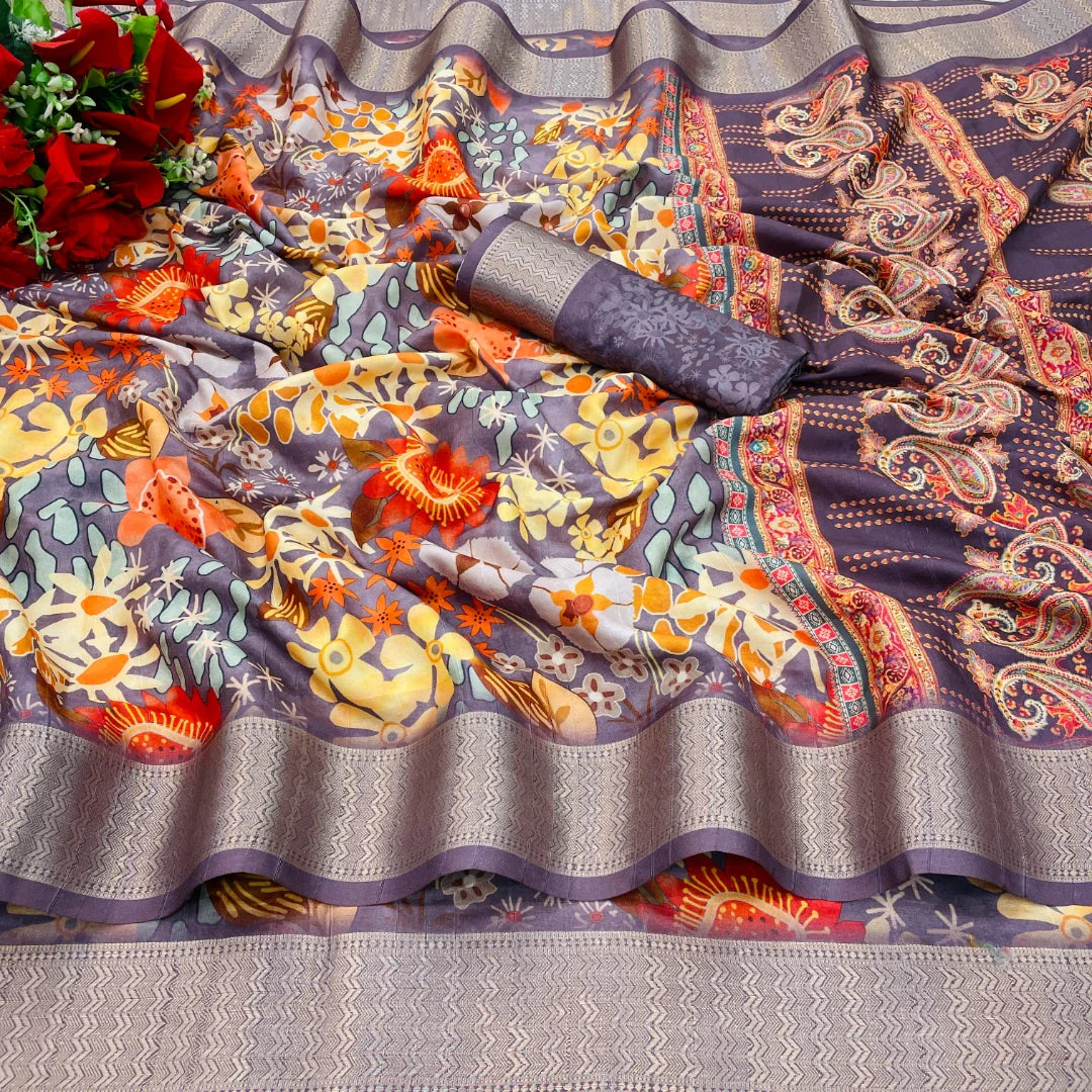 Latest designer printed Dola silk saree & matching blouse piece. Elegant modern patterns for women.