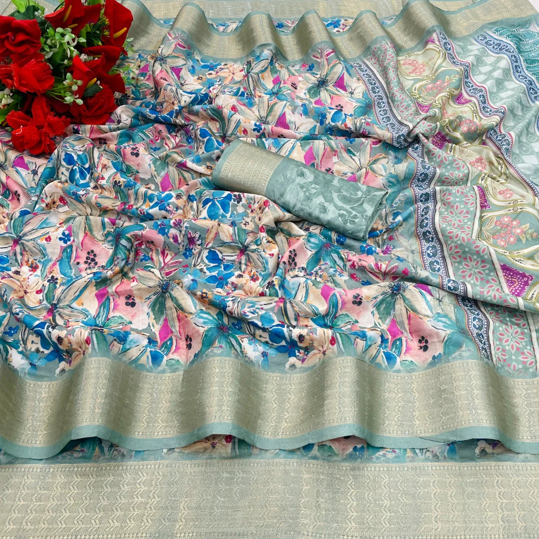 Latest designer digital printed saree with matching blouse piece