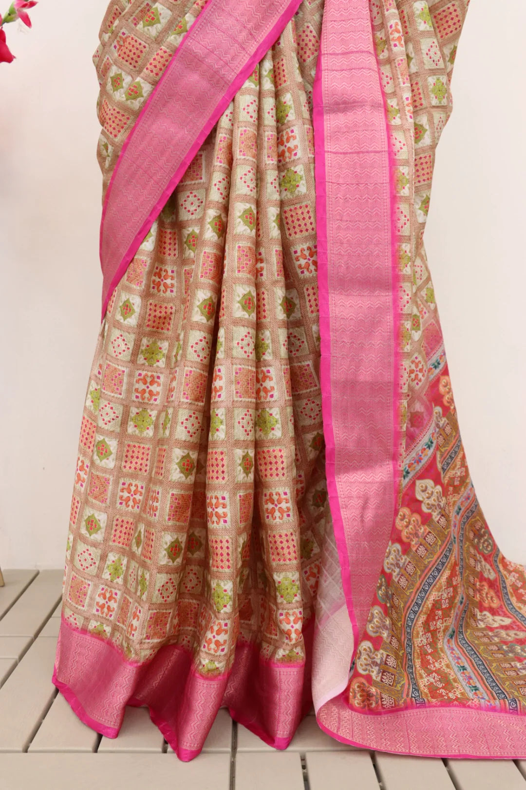 Latest Dola Silk saree, digitally printed with vibrant, intricate patterns and matching blouse piece.