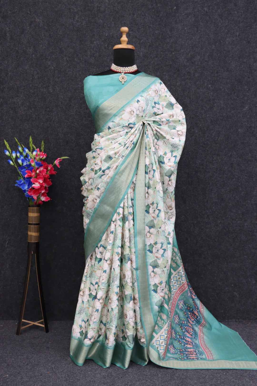 Off White Silk Saree with Blue Border
