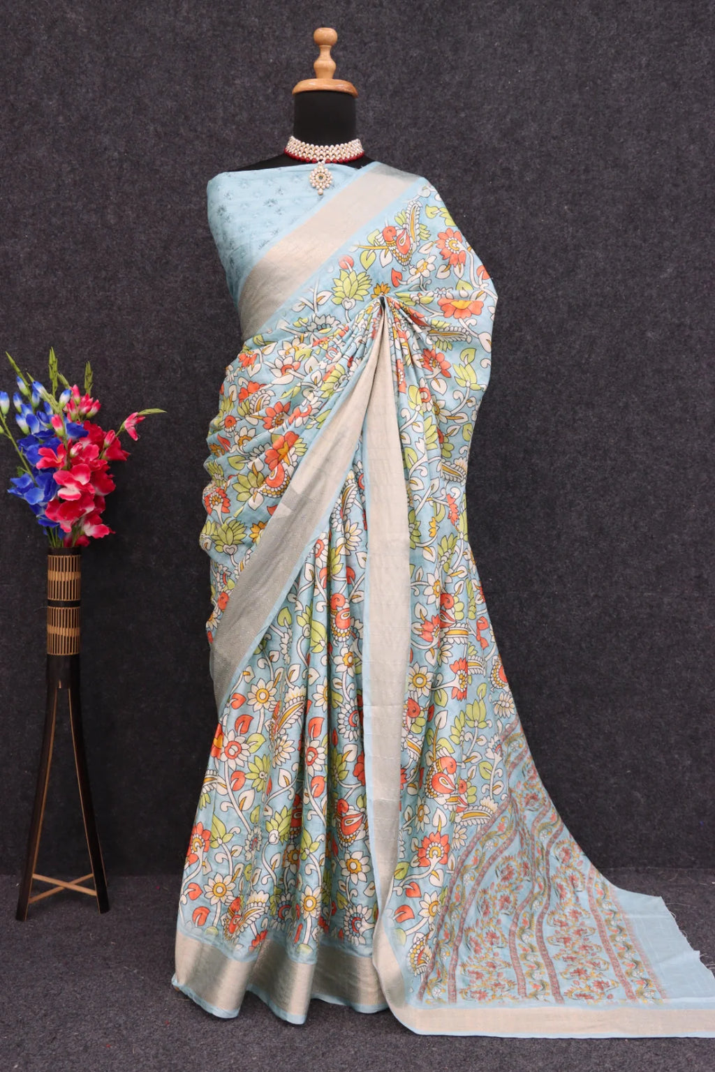 Light Sky Blue Dola Silk Saree with Banarasi Digital Prints
