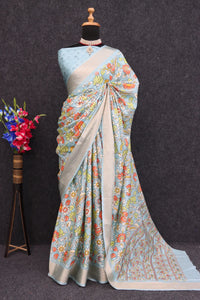 Premium Light Sky Blue Dola Silk Saree with Banarasi Digital Prints