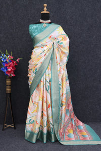 Premium Cream Dola Silk Digitally Printed Festive Saree with Banarasi Motifs