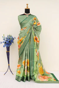 Premium Light Green Dola Silk Saree with Banarasi Digital Prints
