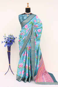 Premium Light Blue Dola Silk Saree with Banarasi Digital Prints and Tassels
